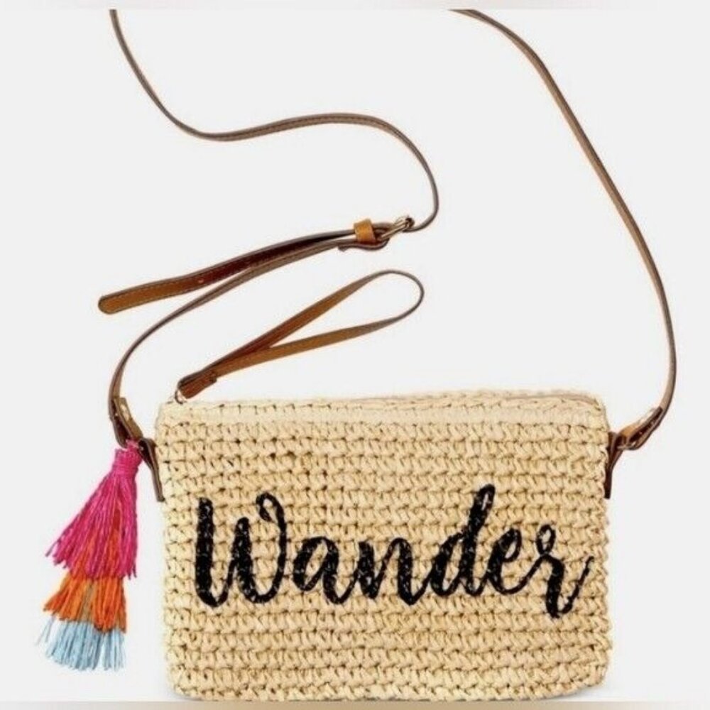 INC tropical straw tasseled WANDER beach women's small crossbody wristlet bag